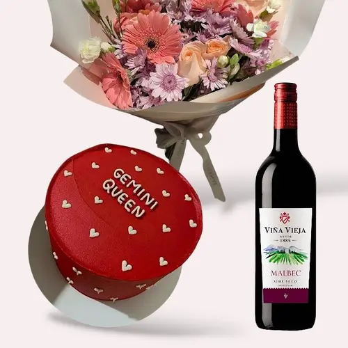 Kit Geminis con pastel, ramo y vino